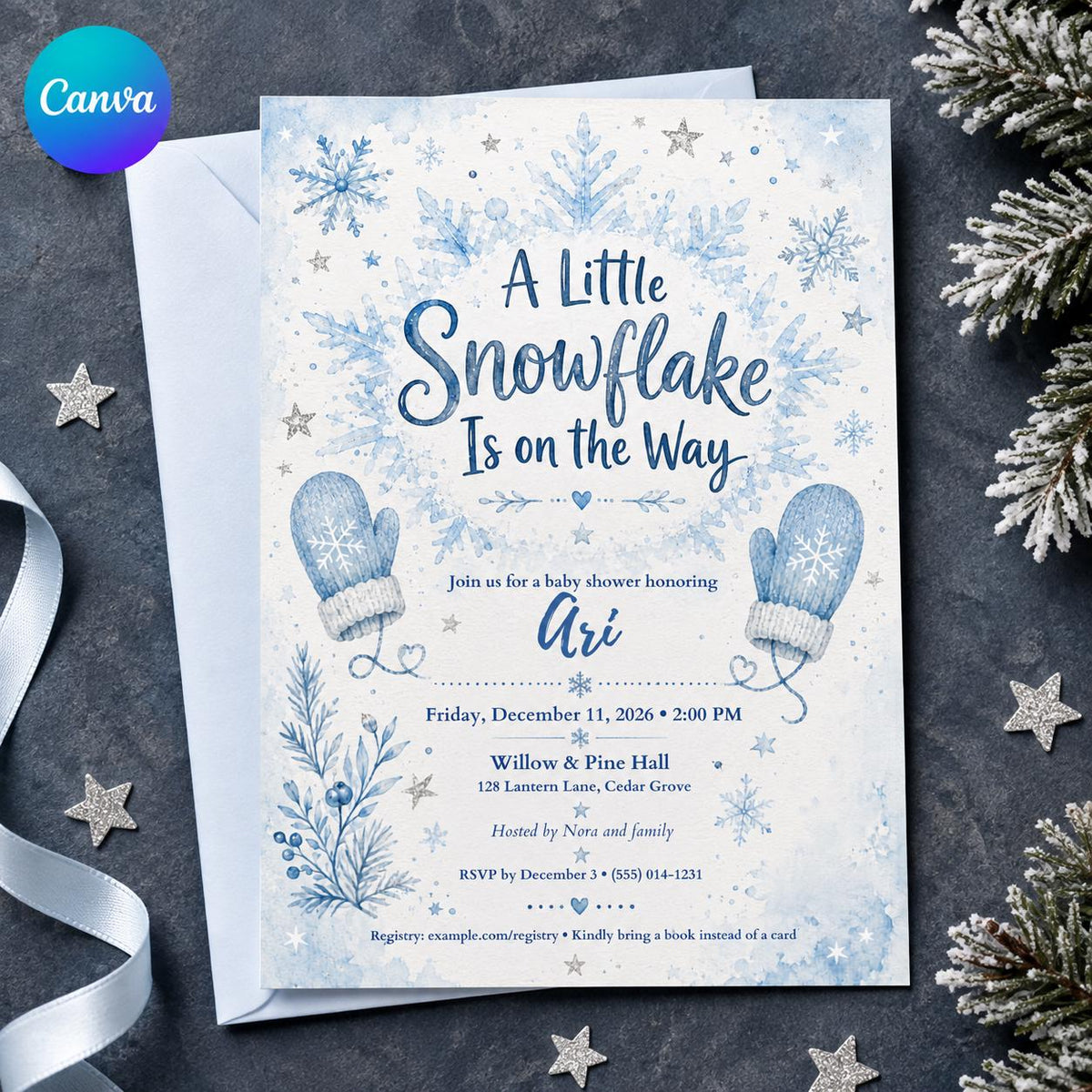 Blue Snowflake Baby Shower Invitation for Boys — editable Canva template