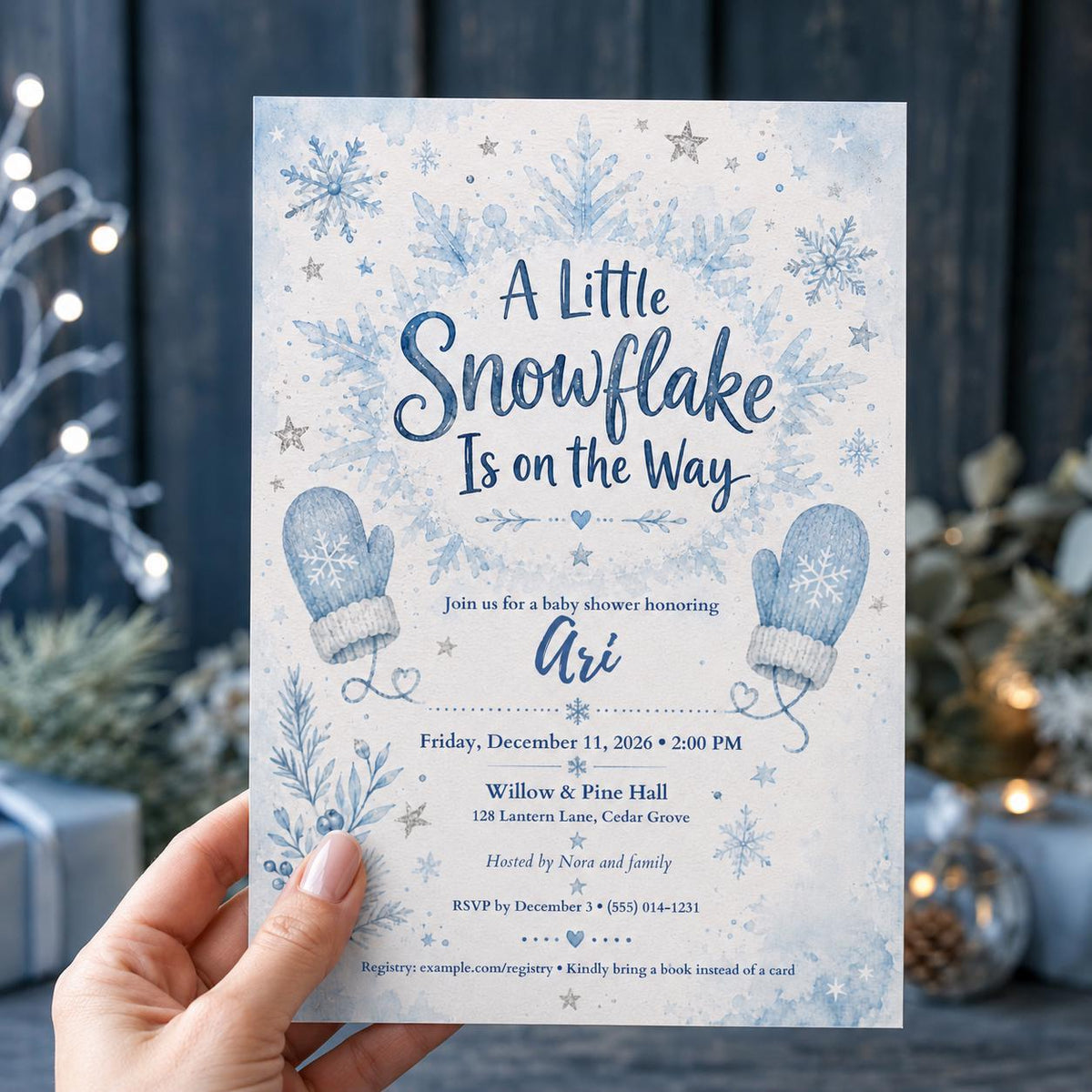 Blue Snowflake Baby Shower Invitation for Boys — print-ready baby shower design from VoltBy