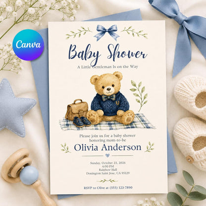 Blue Teddy Bear Baby Shower Invitation for Boys — editable Canva template
