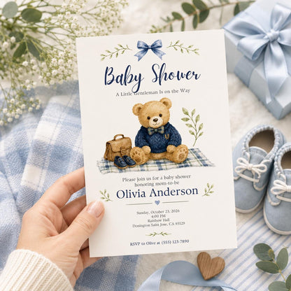 Blue Teddy Bear Baby Shower Invitation for Boys — bow design