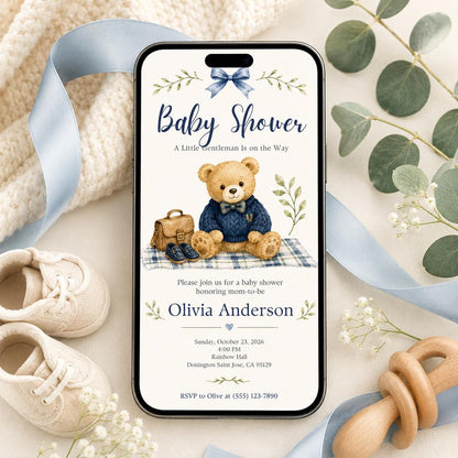 Blue Teddy Bear Baby Shower Invitation for Boys — invitation you personalize in Canva