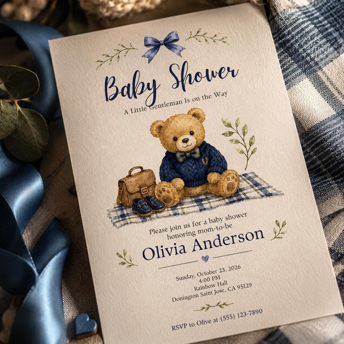Blue Teddy Bear Baby Shower Invitation for Boys — print-ready baby shower design from VoltBy