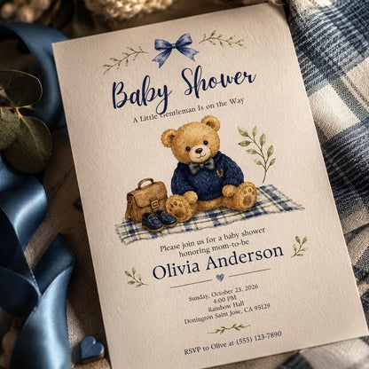 Blue Teddy Bear Baby Shower Invitation for Boys — print-ready baby shower design from VoltBy