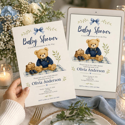 Blue Teddy Bear Baby Shower Invitation for Boys — digital invitation, instant download