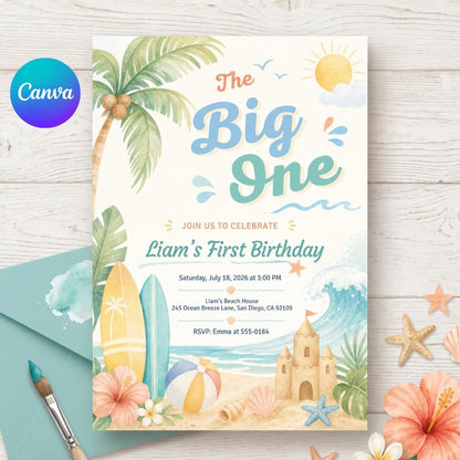 Blue The Big One Birthday Invitation — editable Canva template