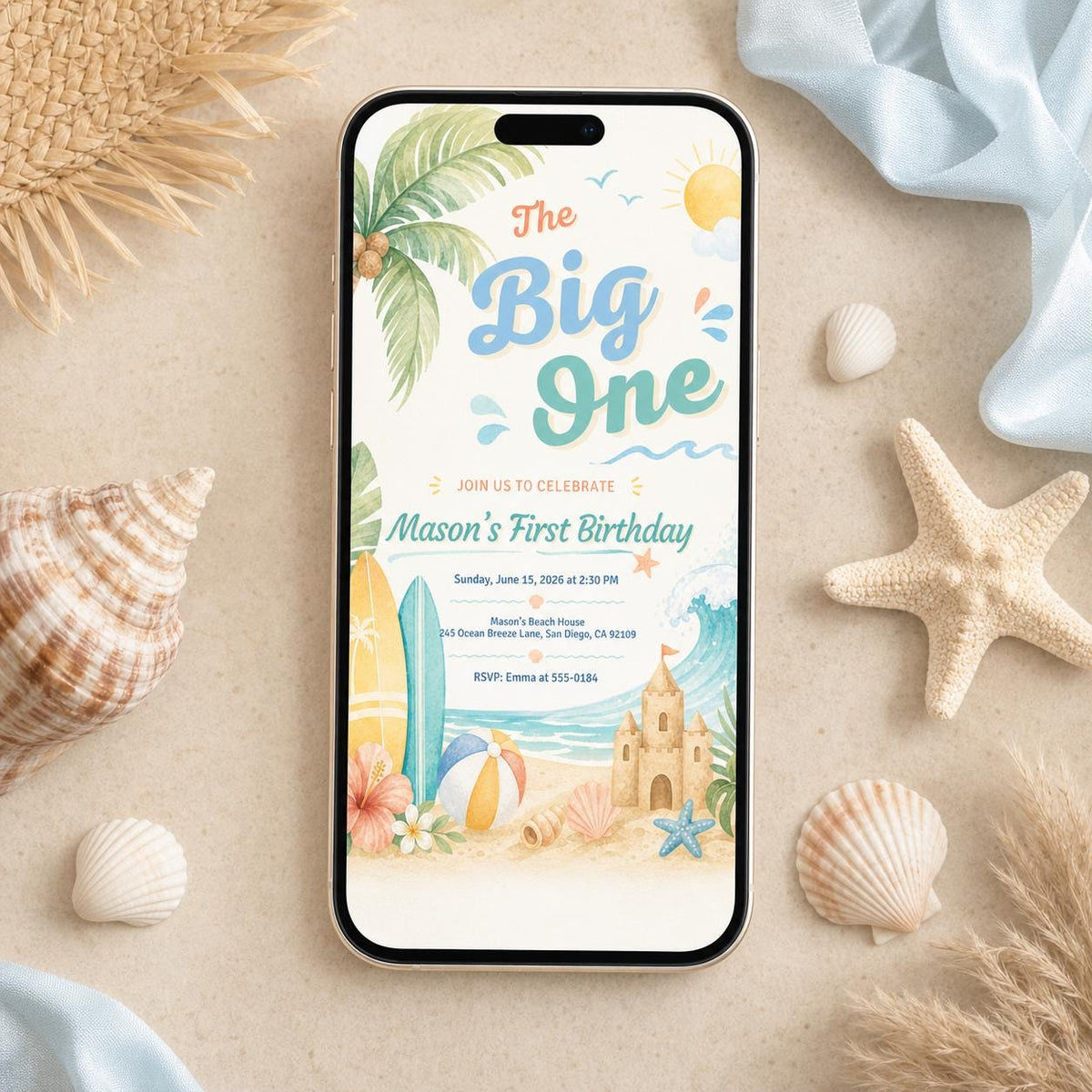 Blue The Big One Birthday Invitation — digital invitation, instant download