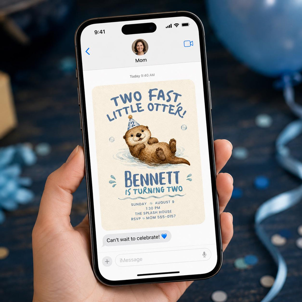 Blue Two Fast Little Otter 2nd Birthday Invitation for Boys — race car design