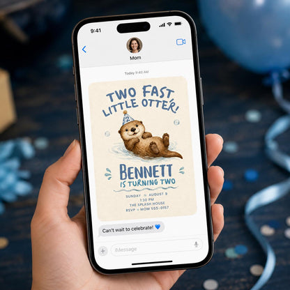 Blue Two Fast Little Otter 2nd Birthday Invitation for Boys — race car design