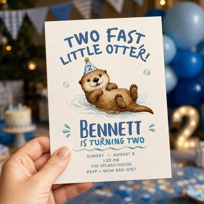 Blue Two Fast Little Otter 2nd Birthday Invitation for Boys — invitation you personalize in Canva