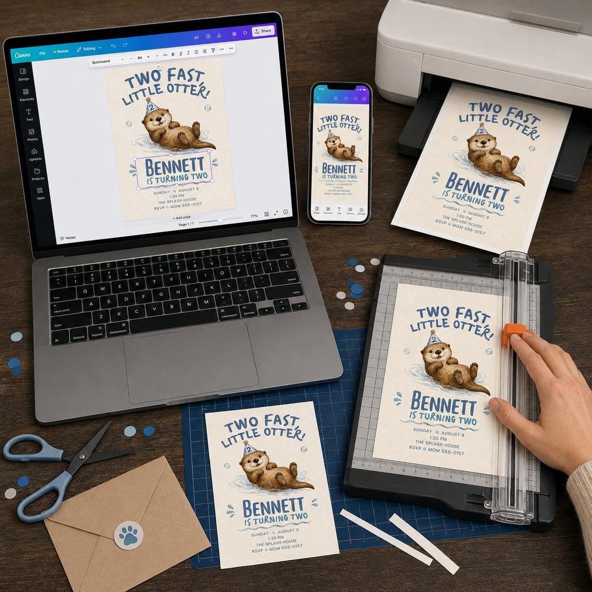 Blue Two Fast Little Otter 2nd Birthday Invitation for Boys — print-ready 2nd birthday party design from VoltBy