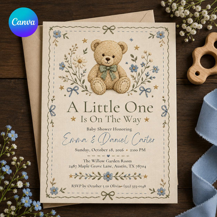Blue Vintage Teddy Bear Baby Shower Invitation for Boys