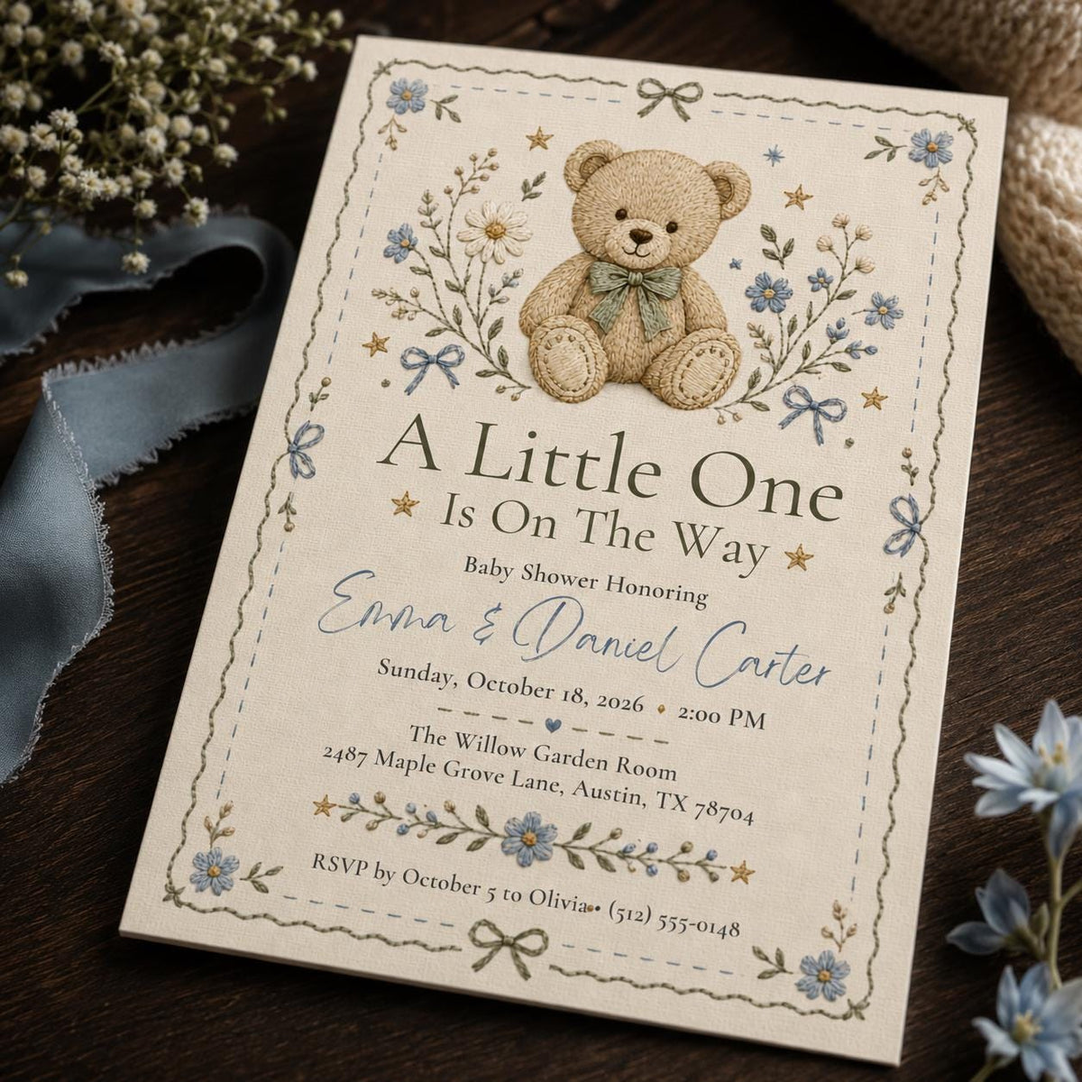 Blue Vintage Teddy Bear Baby Shower Invitation for Boys — print-ready baby shower design from VoltBy