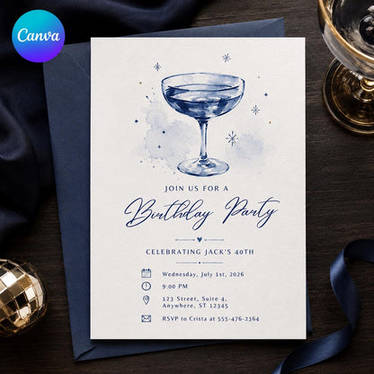 Blue Watercolor 40th Birthday Invitation: Blue Martini Cocktail Party — editable Canva template
