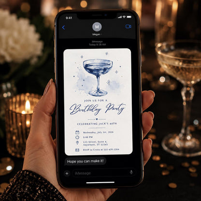 Blue Watercolor 40th Birthday Invitation: Blue Martini Cocktail Party — invitation you personalize in Canva