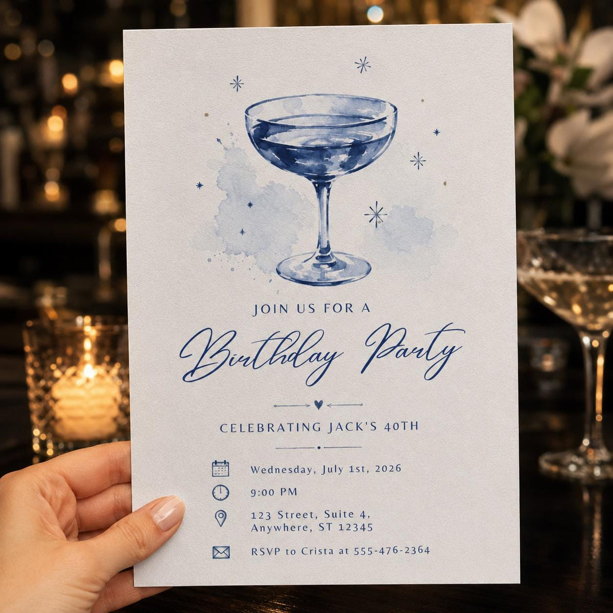 Blue Watercolor 40th Birthday Invitation: Blue Martini Cocktail Party — elegant 40th birthday party design