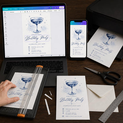 Blue Watercolor 40th Birthday Invitation: Blue Martini Cocktail Party — print-ready 40th birthday party design from VoltBy