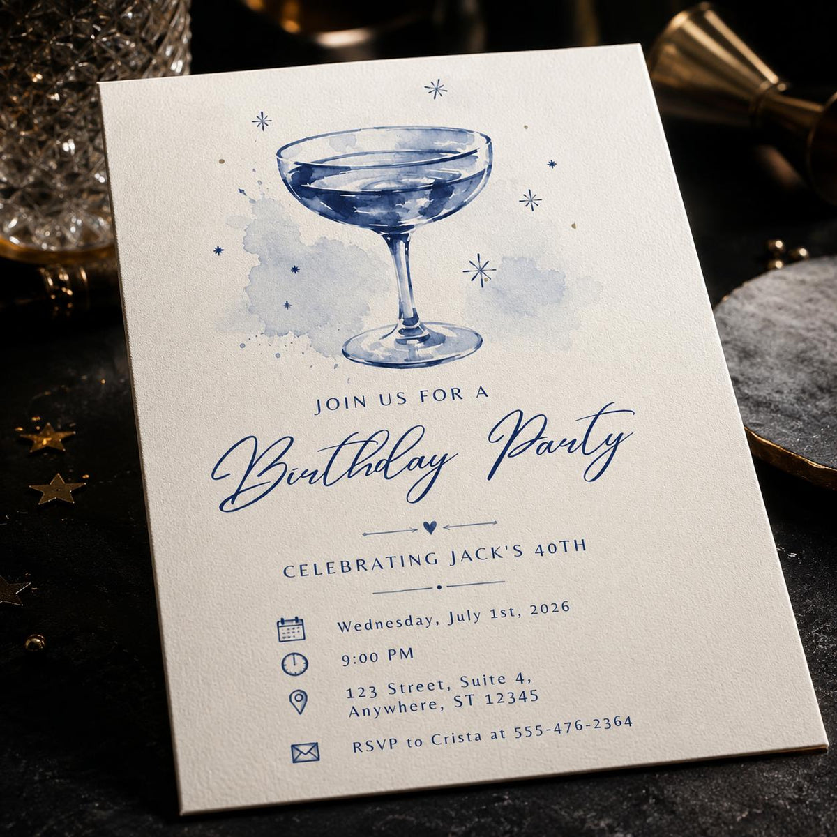 Blue Watercolor 40th Birthday Invitation: Blue Martini Cocktail Party — digital invitation, instant download