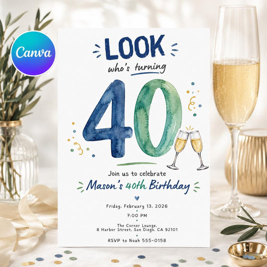 Blue Watercolor 40th Birthday Invitation: Look Who's Turning 40 Watercolor — editable Canva template