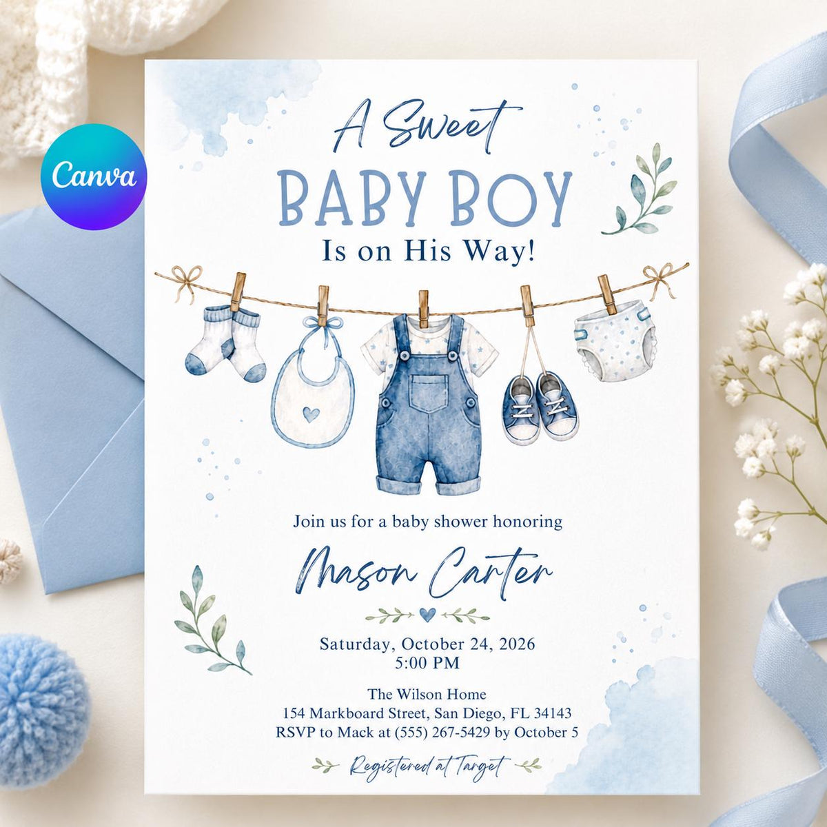 Blue Watercolor Baby Boy Shower Invitation: A Sweet Baby Boy Blue Watercolor Clothesline — editable Canva template