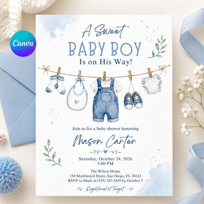 Blue Watercolor Baby Boy Shower Invitation: A Sweet Baby Boy Blue Watercolor Clothesline — editable Canva template