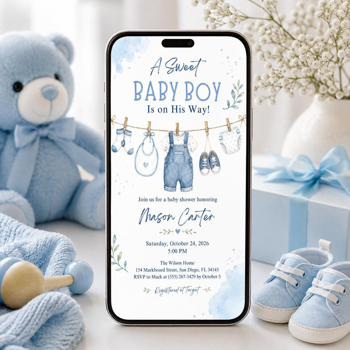 Blue Watercolor Baby Boy Shower Invitation: A Sweet Baby Boy Blue Watercolor Clothesline — clothes design