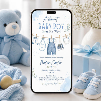 Blue Watercolor Baby Boy Shower Invitation: A Sweet Baby Boy Blue Watercolor Clothesline — clothes design