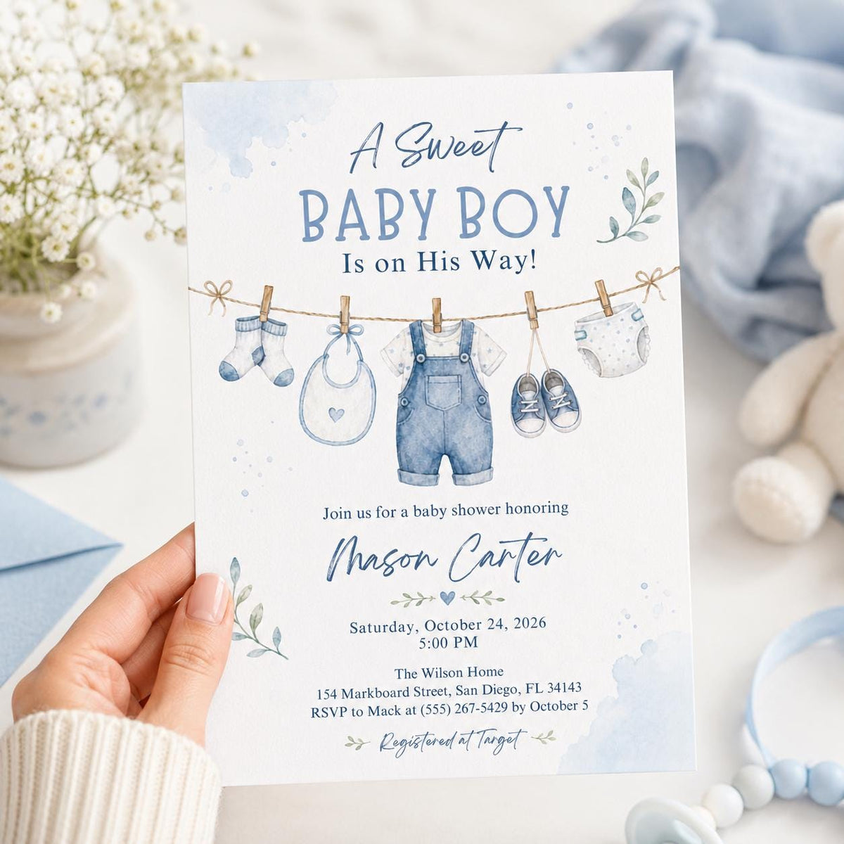 Blue Watercolor Baby Boy Shower Invitation: A Sweet Baby Boy Blue Watercolor Clothesline — invitation you personalize