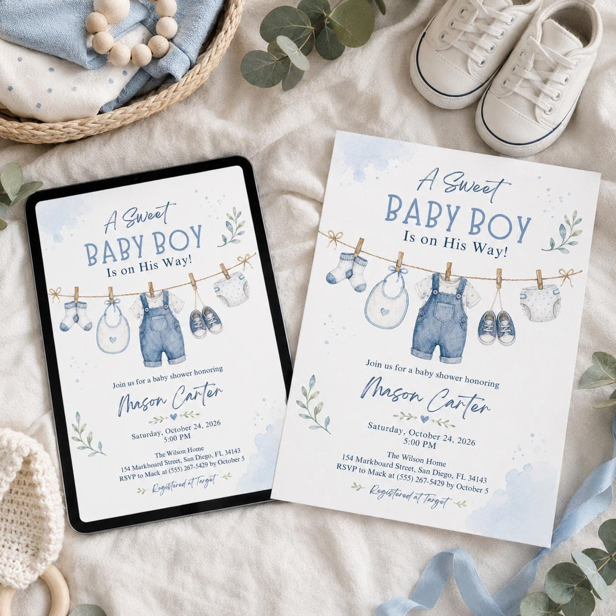 Blue Watercolor Baby Boy Shower Invitation: A Sweet Baby Boy Blue Watercolor Clothesline — print-ready baby shower design
