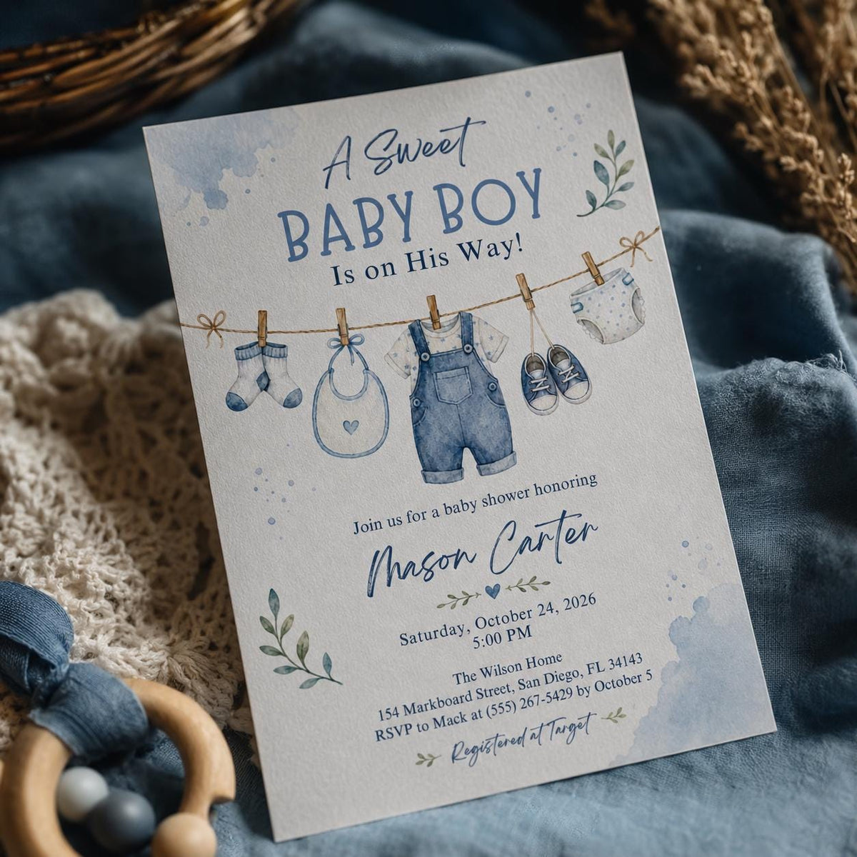 Blue Watercolor Baby Boy Shower Invitation: A Sweet Baby Boy Blue Watercolor Clothesline — digital invitation, instant