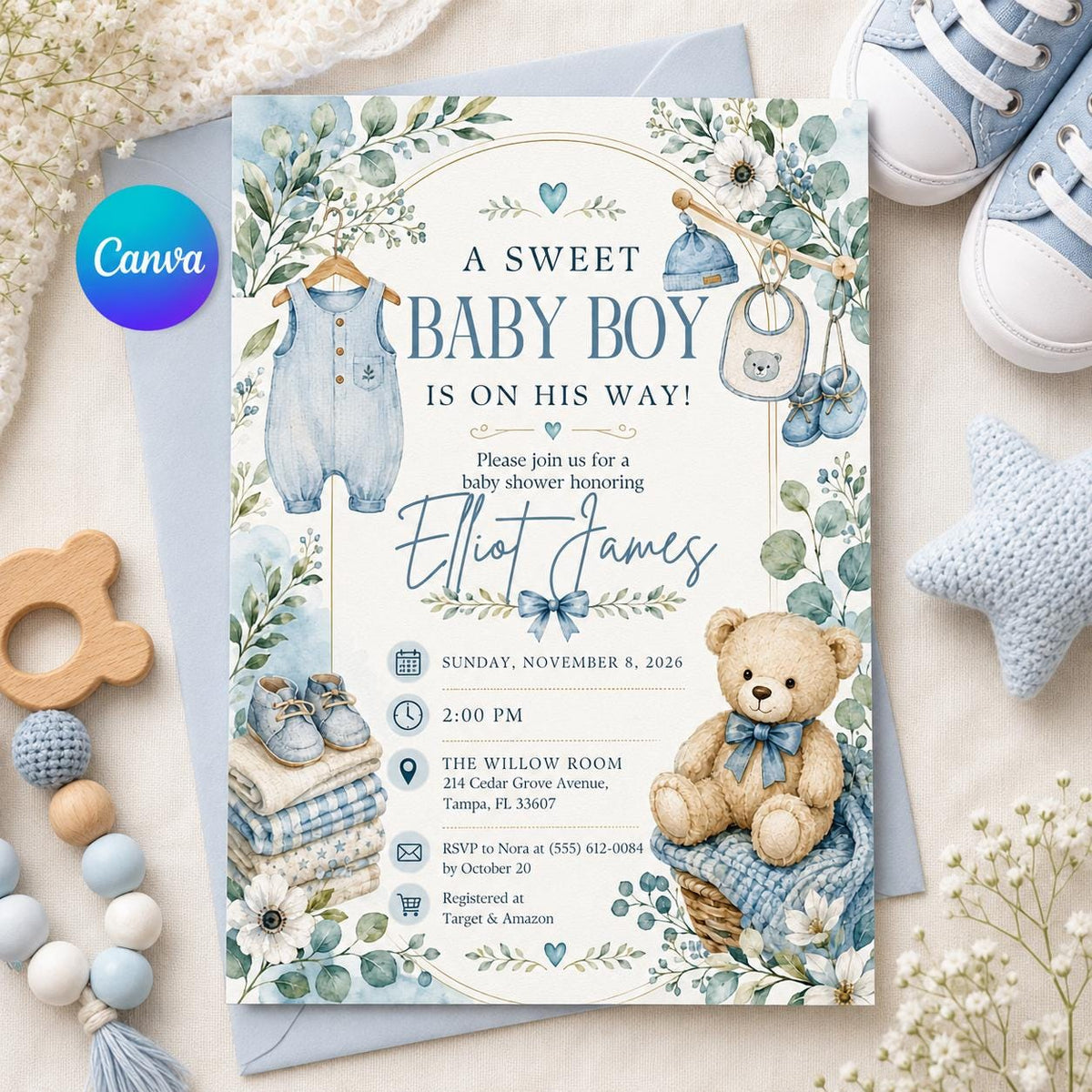 Blue Watercolor Baby Boy Shower Invitation: Blue Teddy Bear Greenery — editable Canva template
