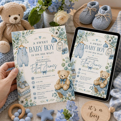Blue Watercolor Baby Boy Shower Invitation: Blue Teddy Bear Greenery — print-ready baby shower design from VoltBy