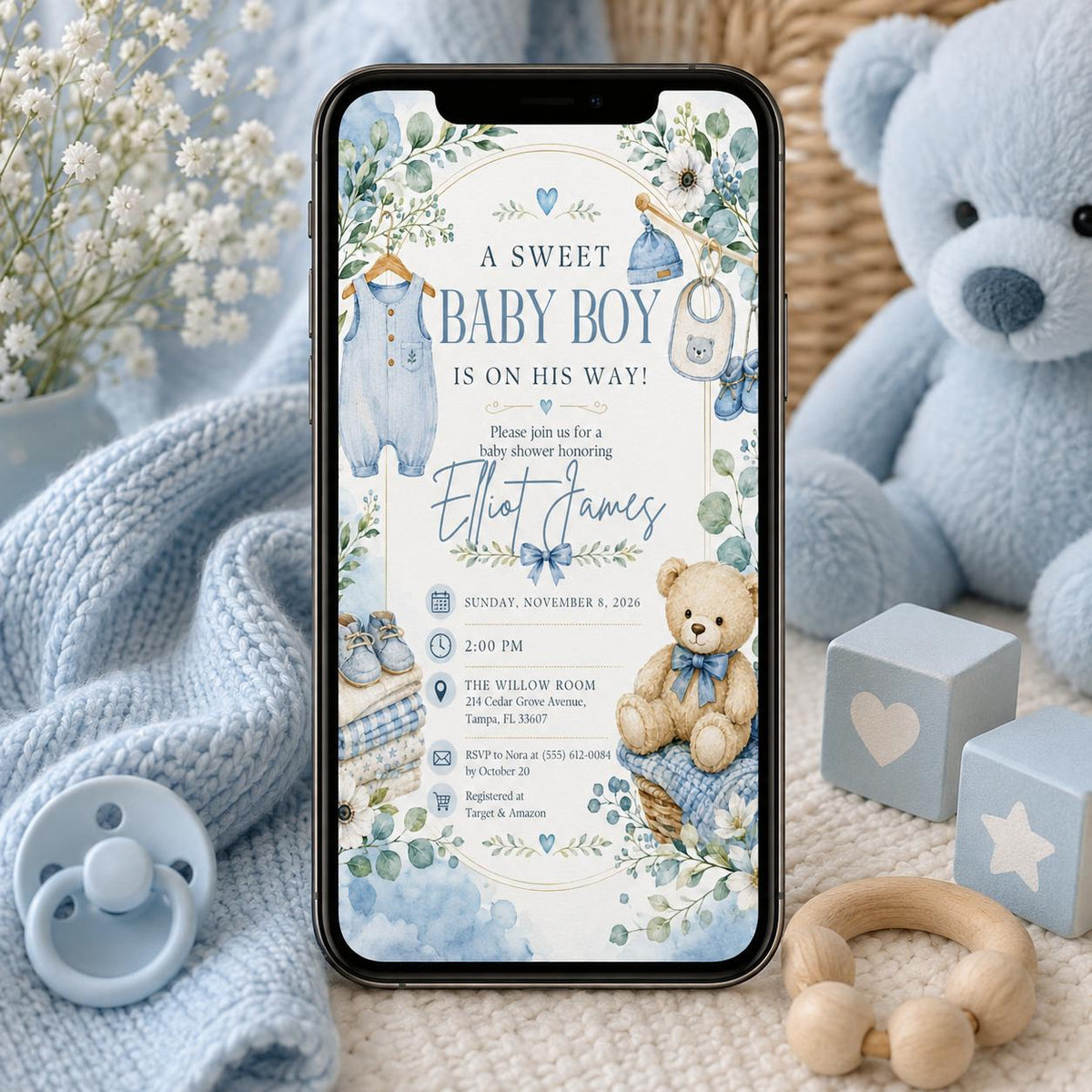 Blue Watercolor Baby Boy Shower Invitation: Blue Teddy Bear Greenery — digital invitation, instant download