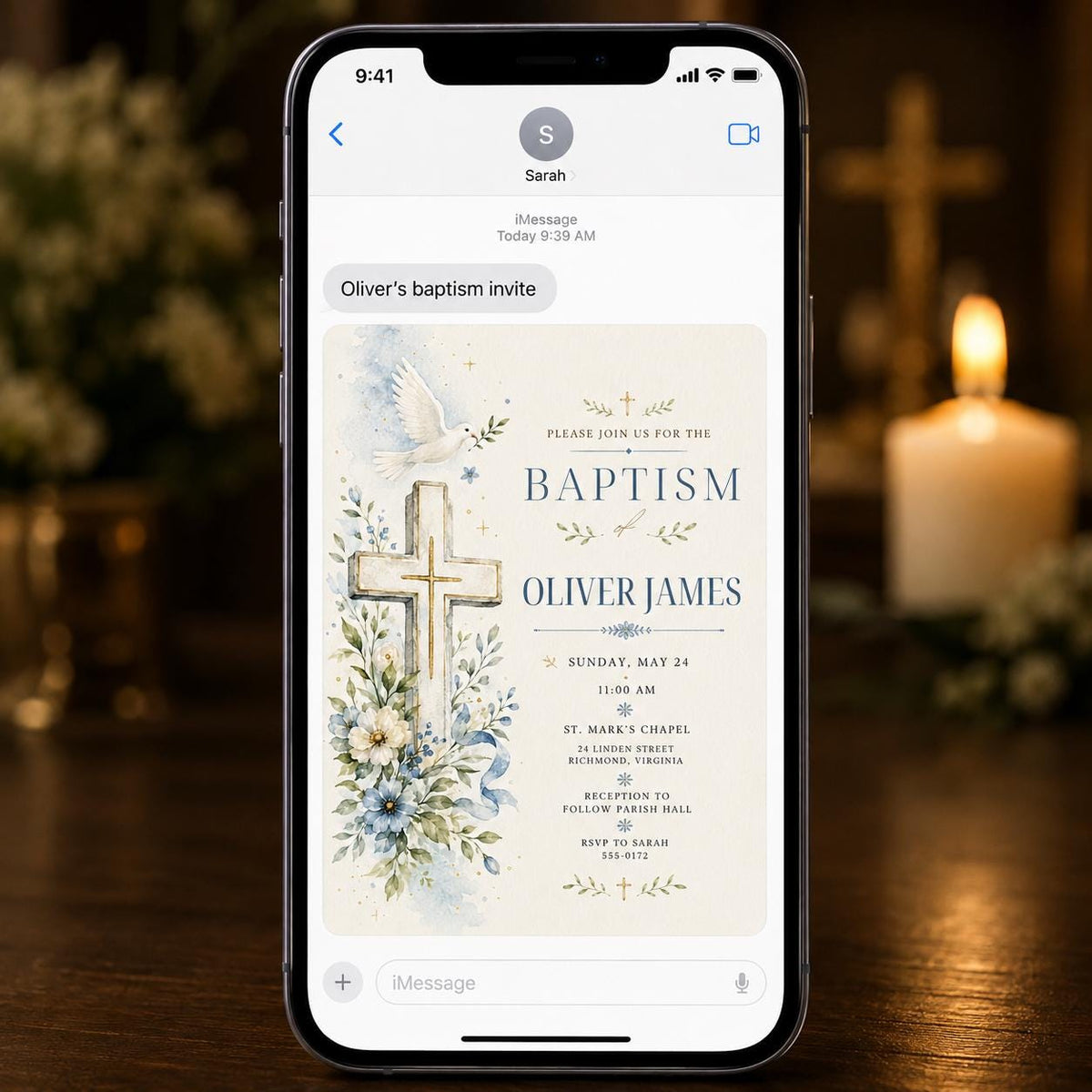 Blue Watercolor Baptism Invitation — cross and dove design