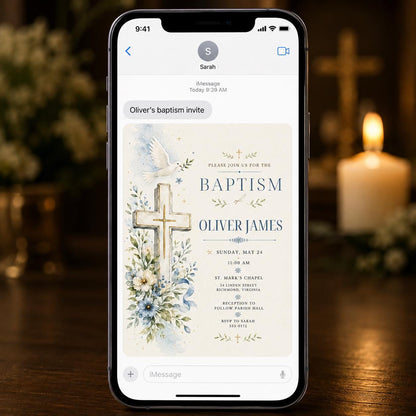 Blue Watercolor Baptism Invitation — cross and dove design