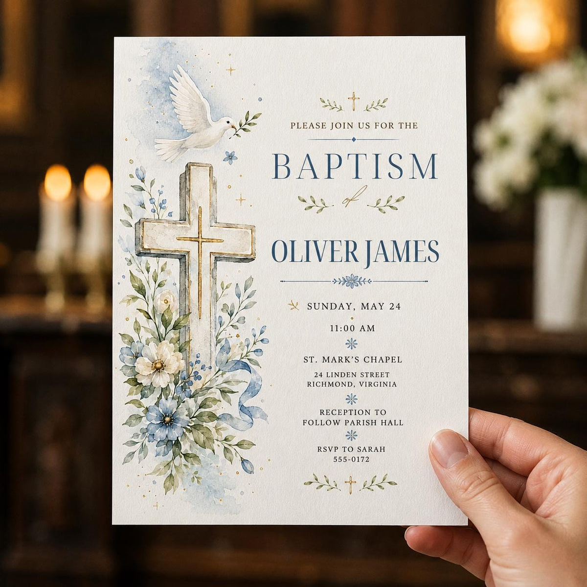 Blue Watercolor Baptism Invitation — invitation you personalize in Canva