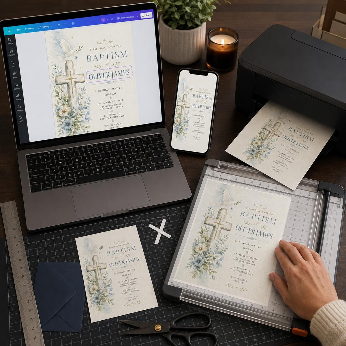 Blue Watercolor Baptism Invitation — print-ready baptism design from VoltBy