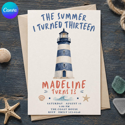 Blue Watercolor Coastal 13th Birthday Invitation — editable Canva template