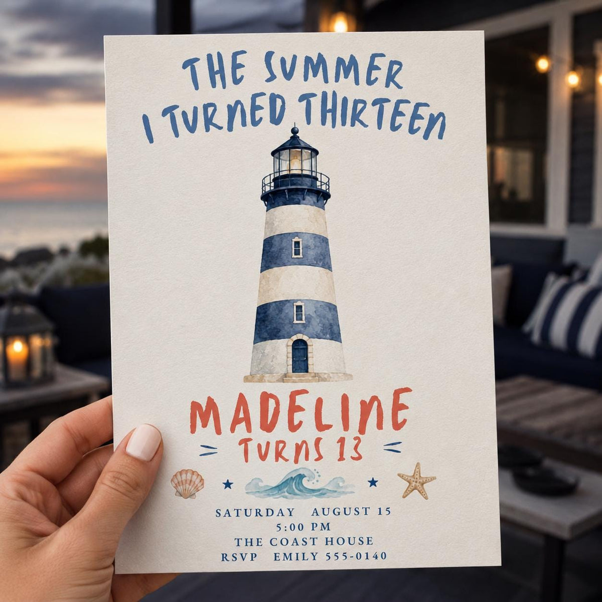 Blue Watercolor Coastal 13th Birthday Invitation — invitation you personalize in Canva
