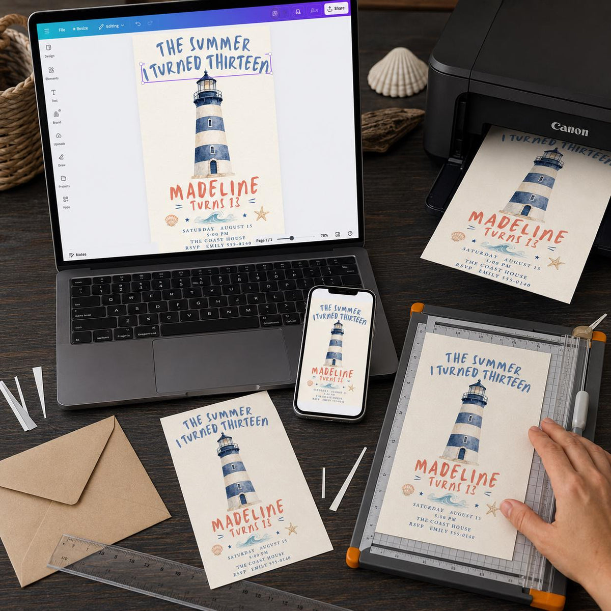 Blue Watercolor Coastal 13th Birthday Invitation — print-ready 13th birthday party design from VoltBy