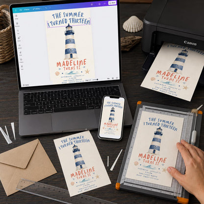 Blue Watercolor Coastal 13th Birthday Invitation — print-ready 13th birthday party design from VoltBy