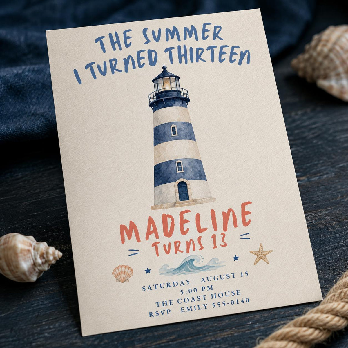 Blue Watercolor Coastal 13th Birthday Invitation — digital invitation, instant download