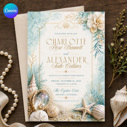 Blue Watercolor Coastal Wedding Invitation — editable Canva template