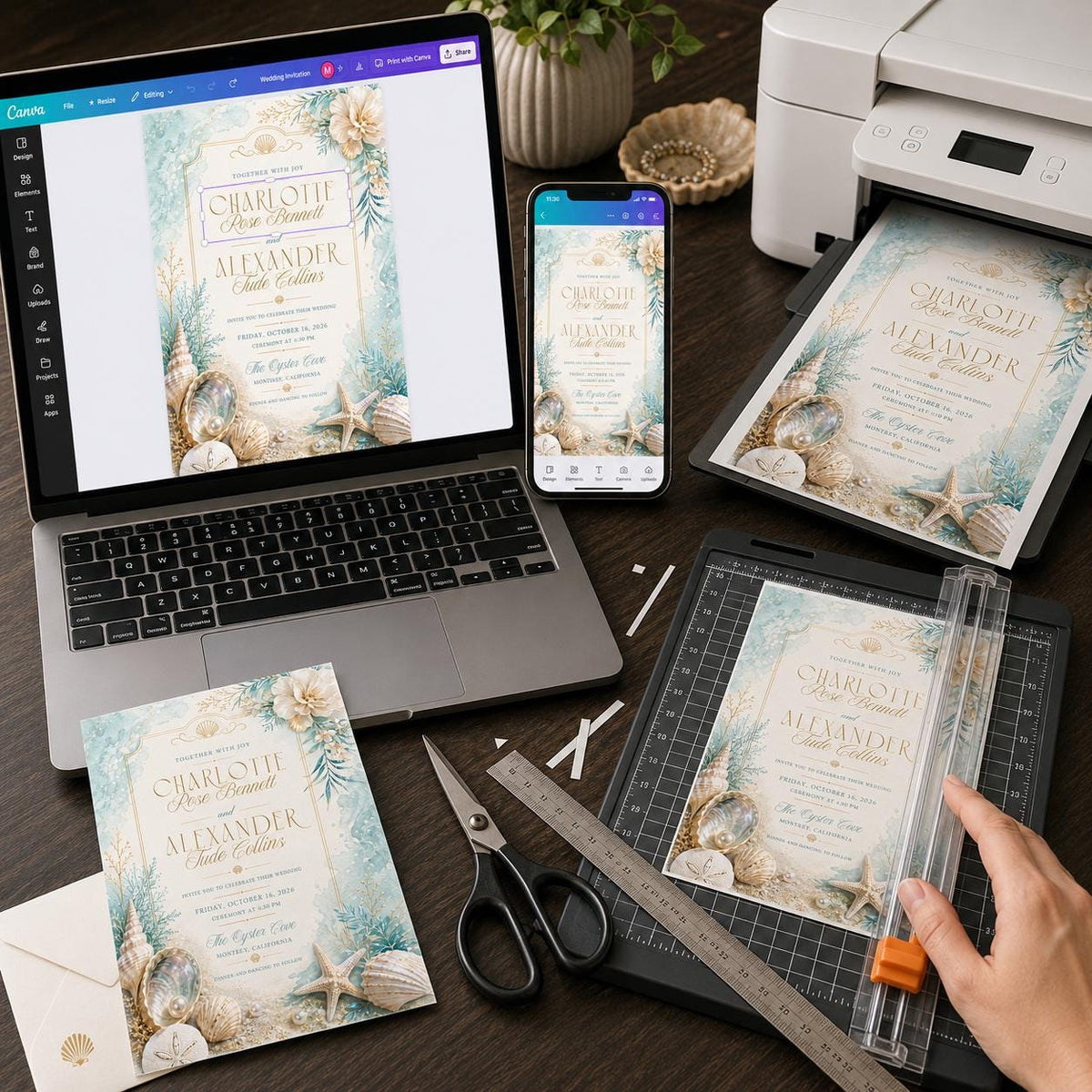 Blue Watercolor Coastal Wedding Invitation — beach and pearl design