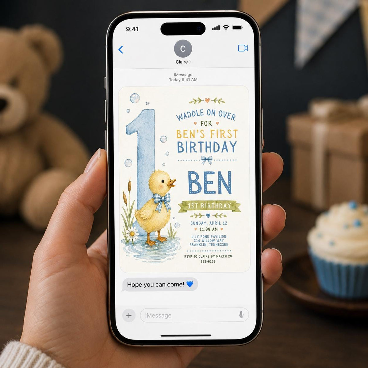 Blue Watercolor Duck First Birthday Invitation for Boys — invitation you personalize in Canva