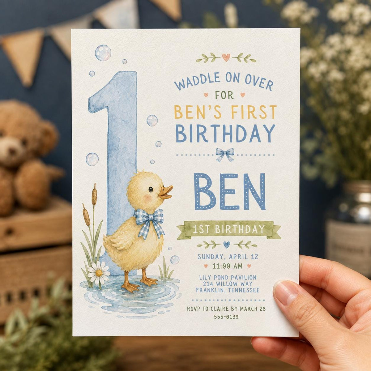 Blue Watercolor Duck First Birthday Invitation for Boys — print-ready first birthday design from VoltBy