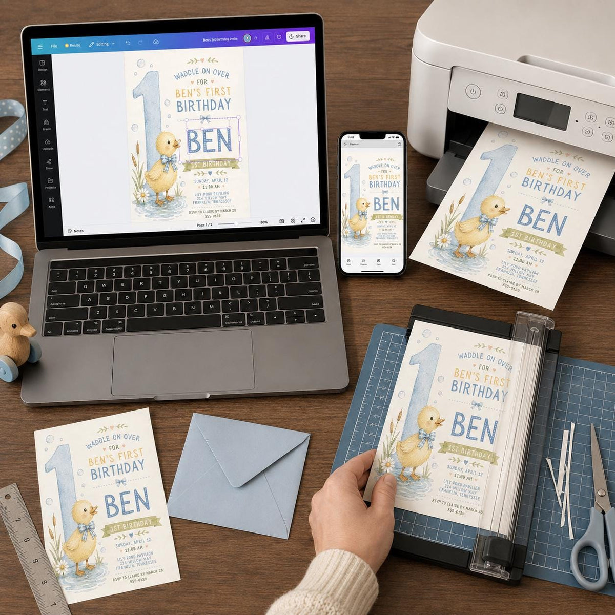 Blue Watercolor Duck First Birthday Invitation for Boys — digital invitation, instant download