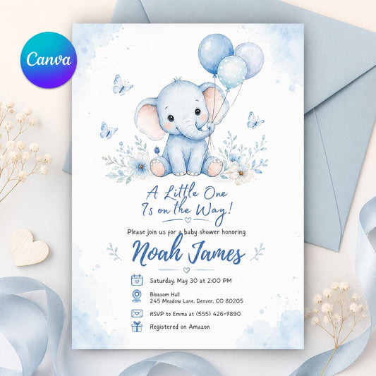 Blue Watercolor Elephant Baby Shower Invitation for Boys — editable Canva template