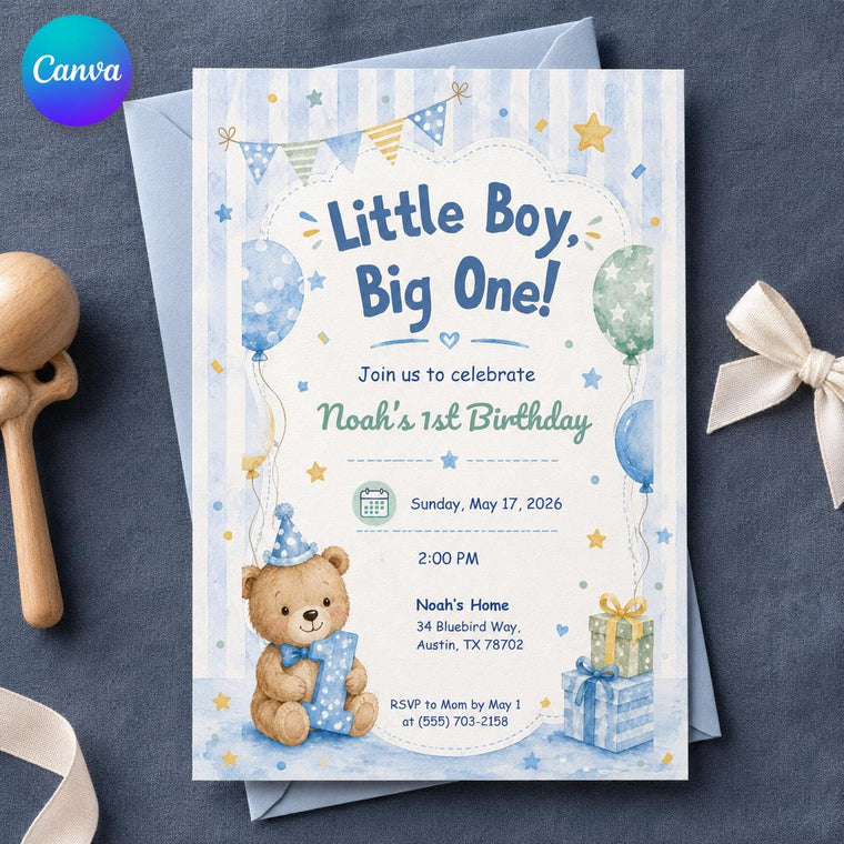 Blue Watercolor First Birthday Boy Invitation: Little Boy Big One 1st Birthday