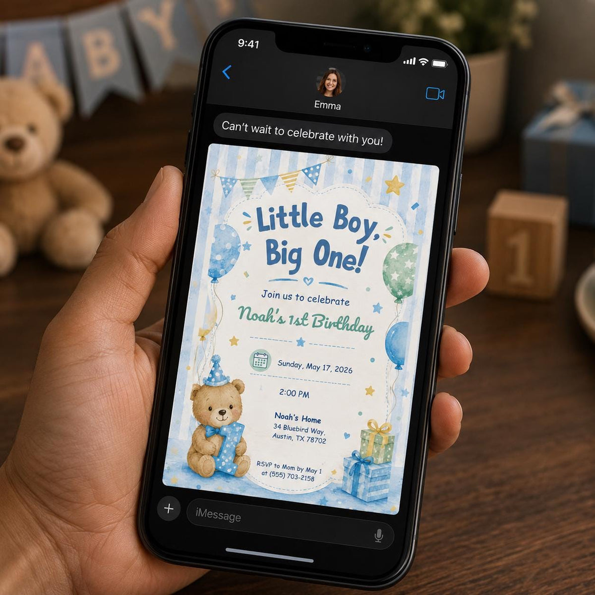 Blue Watercolor First Birthday Boy Invitation: Little Boy Big One 1st Birthday — invitation you personalize in Canva