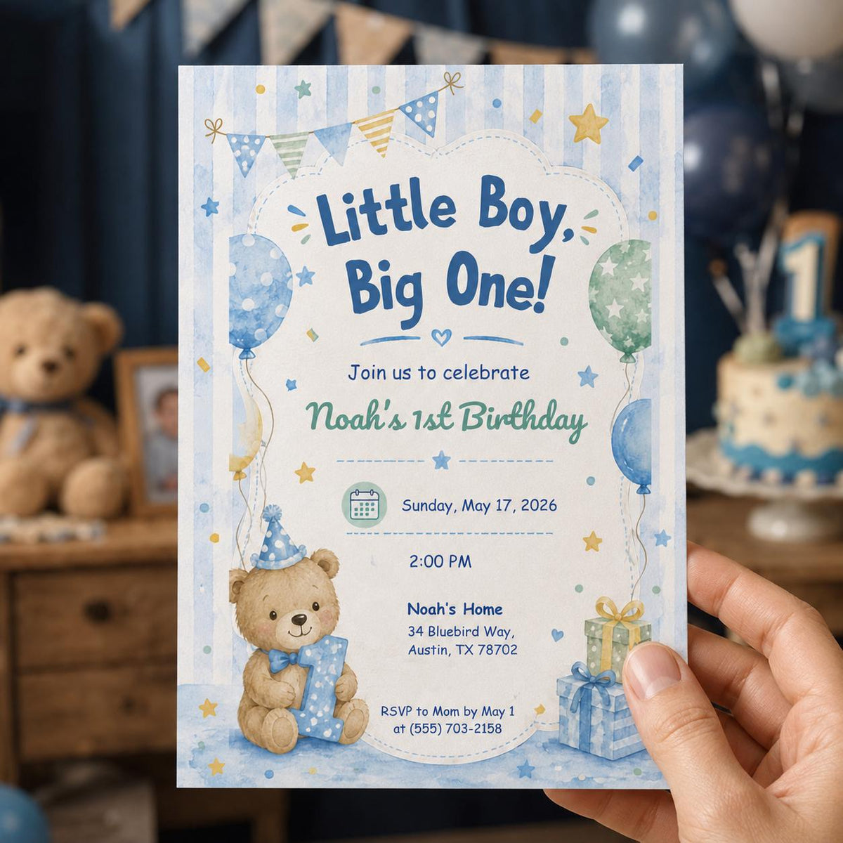 Blue Watercolor First Birthday Boy Invitation: Little Boy Big One 1st Birthday — pastel first birthday design
